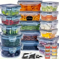 48-piece food storage container set, 24 clear containers with matching lids filled with fruit, vegetables and pasta, plus a sheet of labels