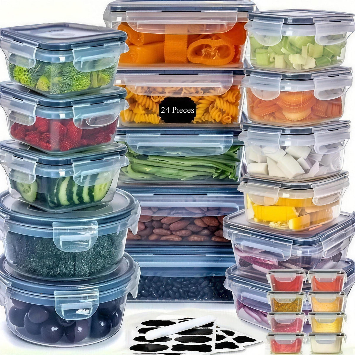 48-piece food storage container set, 24 clear containers with matching lids filled with fruit, vegetables and pasta, plus a sheet of labels