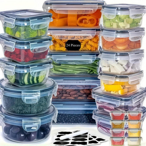 48-piece food storage container set, 24 clear containers with matching lids filled with fruit, vegetables and pasta, plus a sheet of labels