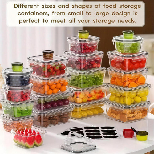Food storage containers in different sizes and shapes, from small to large, filled with fresh produce on a kitchen counter