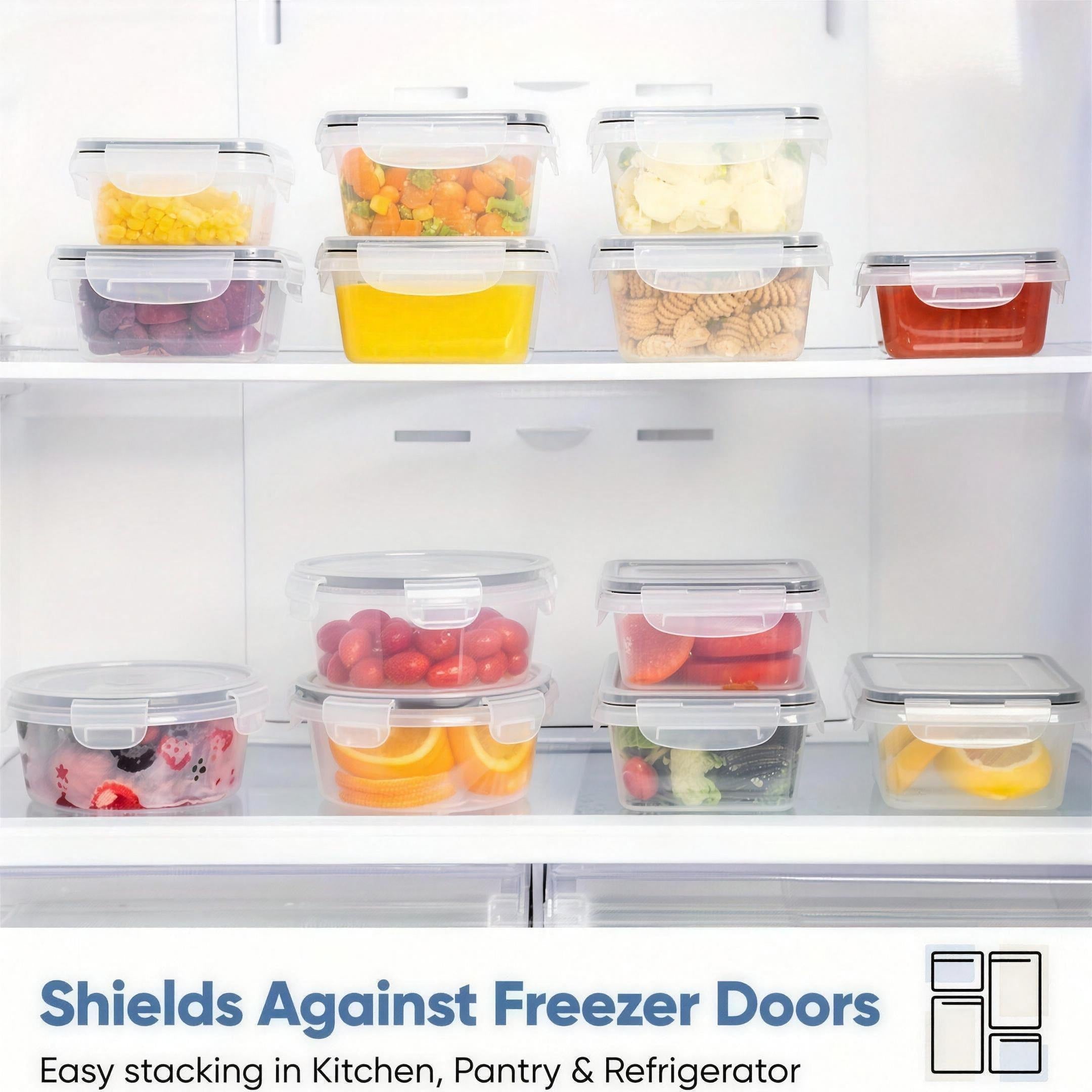 Clear stackable food storage containers organized on refrigerator and freezer shelves