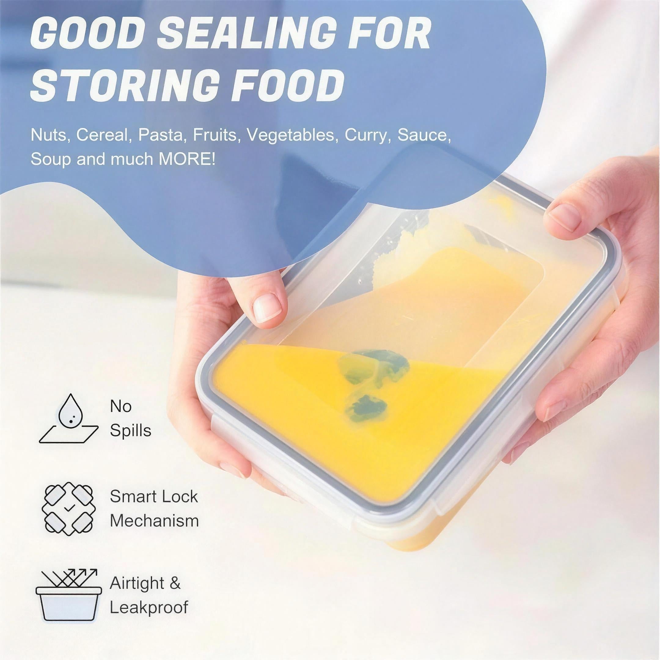 Hands holding a sealed container of soup, showing the airtight no-spill smart lock lid