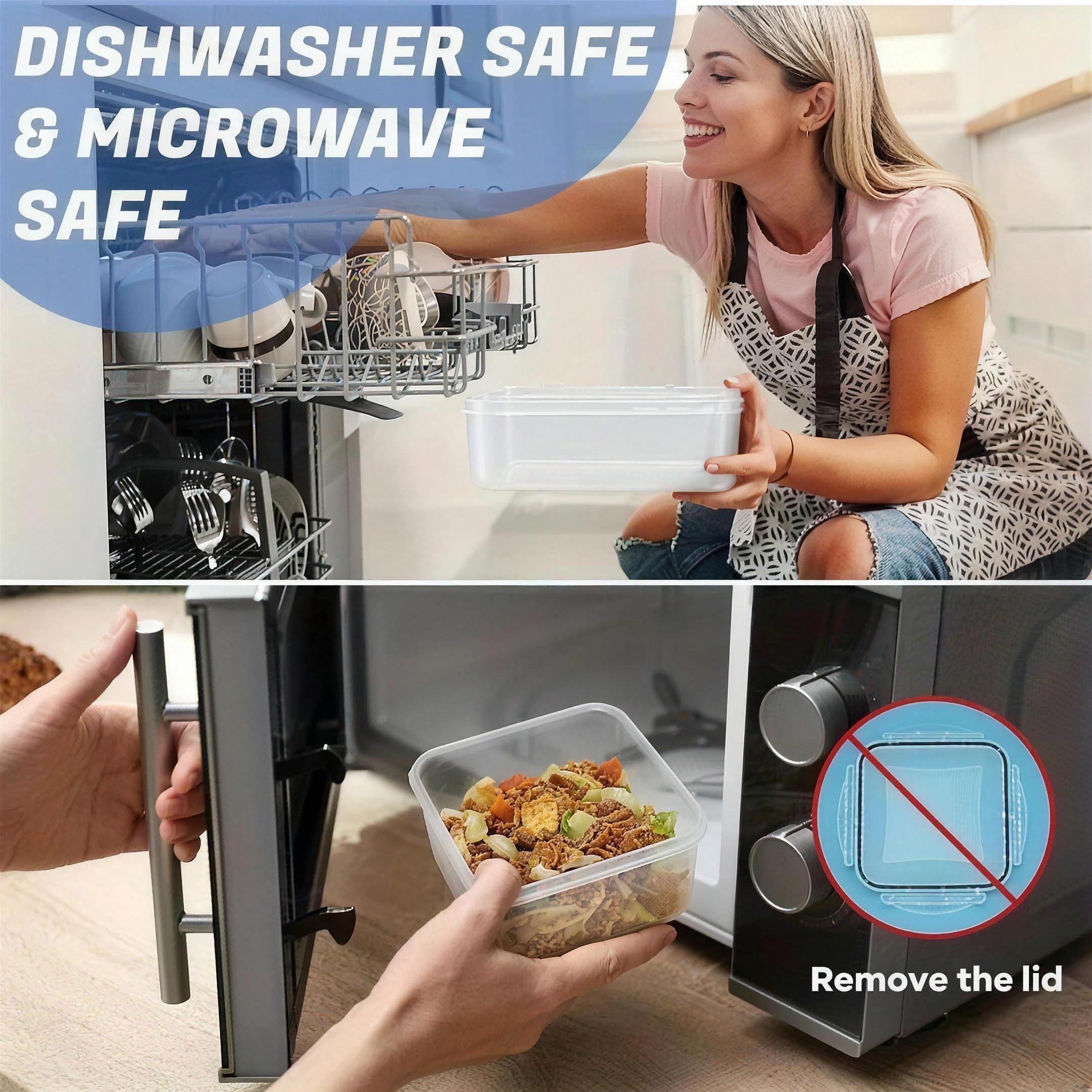 Container being loaded into a dishwasher and into a microwave with the lid removed