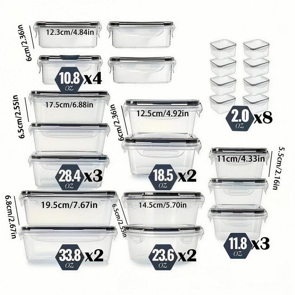 Size chart of all 24 containers, from 2.0 oz up to 33.8 oz, with dimensions in inches and centimeters